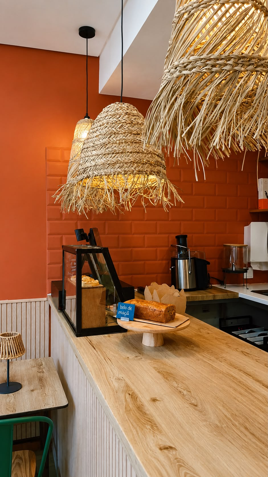 Balcão de café e sumos naturais em parede de tijolo, com prateleiras de madeira e cestos de pão fresco.