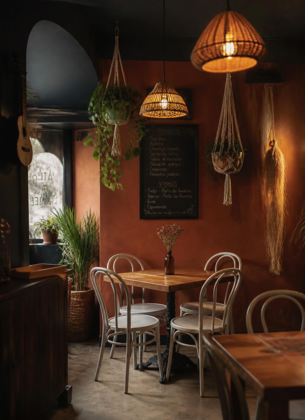 Recanto de jantar com lâmpadas suspensas de vime, plantas em macramé e cadeiras de bistrô brancas.